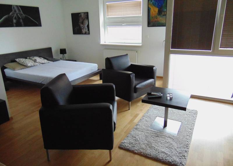 Living space of a studio apartment with leather armchairs and a bed, floor with wood decor.