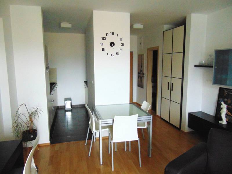 Interior of a 1-bedroom apartment with a dining table, wood-patterned flooring, and a clock on the wall.