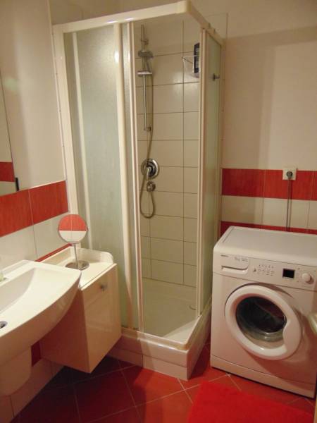 Bathroom with a washing machine, shower, and sink in a studio apartment with red details.