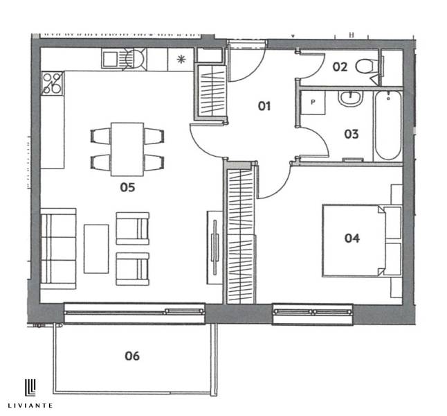 Apartment layout with living room, kitchen, bathroom, bedroom, and terrace.