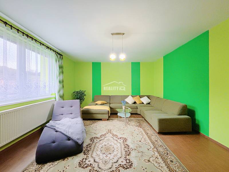 Living room in a family house with green walls and a sofa on a floor with a wooden decor.