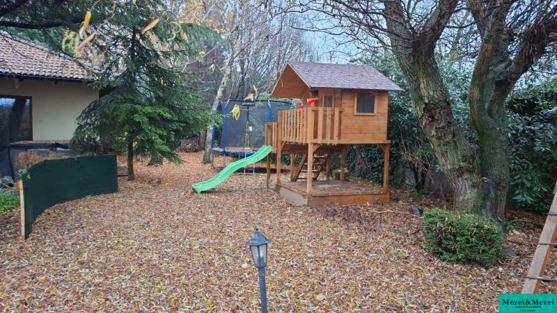 A garden at a family house in Bohdanovce nad Trnavou with a children's wooden playhouse and a trampoline.