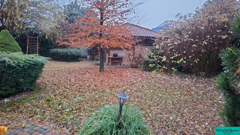 The garden of a family house in Bohdanovce nad Trnavou with autumn leaves and a small structure.