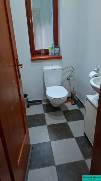 Toilet in a family house, white sanitary ware, black and white tiles, small window, products on the window.