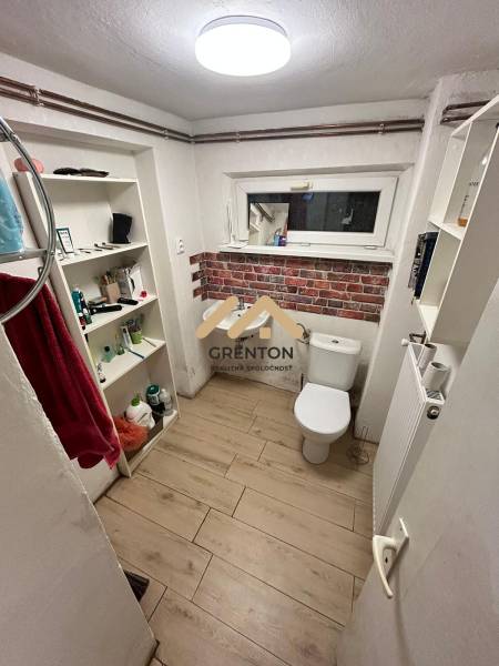 Bathroom in a cabin with a sink and toilet, wooden decor flooring, storage shelves.