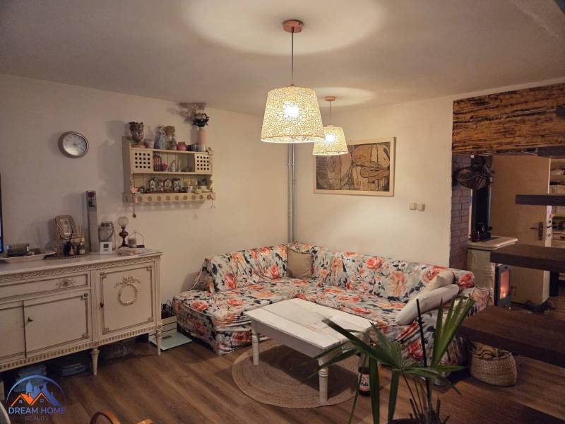 Family house, cozy living room, floral sofa, decorative shelves, wooden decor flooring.