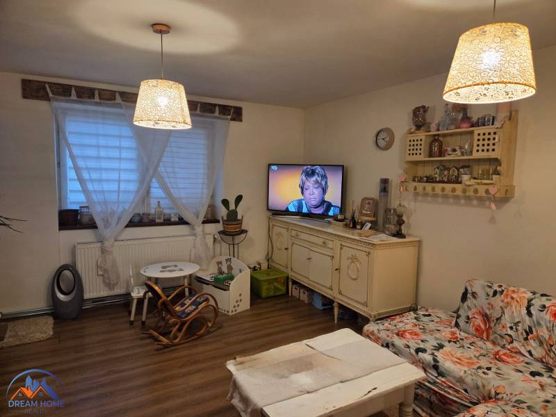 Living room with wood-patterned flooring, floral sofa, and television in a family house.