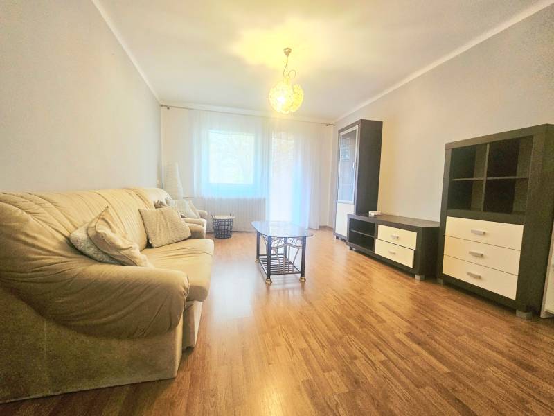 Living room of a three-room apartment with a wooden decor floor, a sofa, and a glass table.