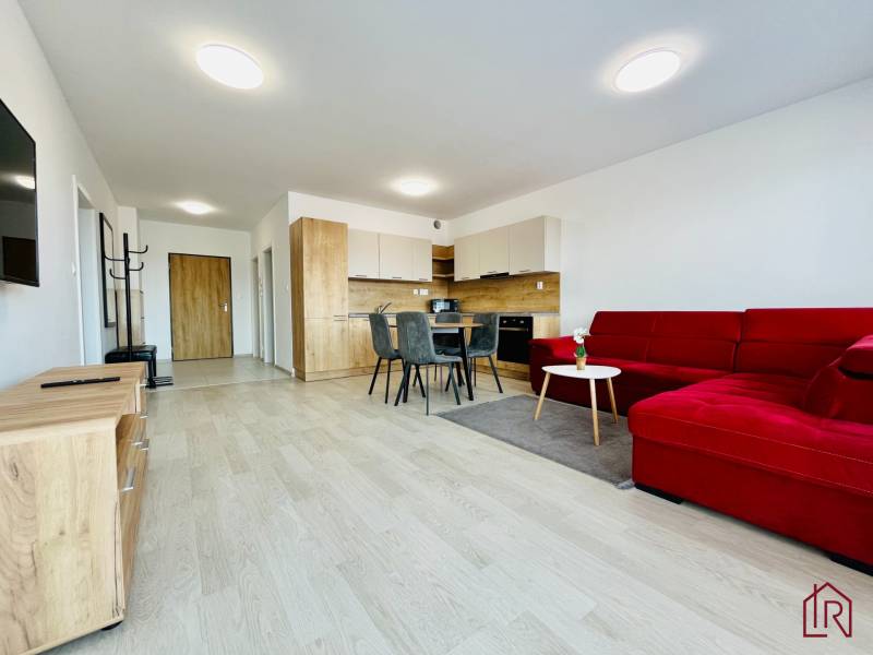 Living room with a red sofa, kitchen, and wood-patterned flooring in a three-room apartment.