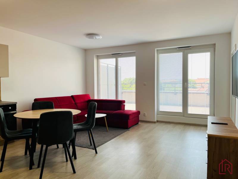 Living room in a 3-room apartment with a wooden decor floor and a red sofa.