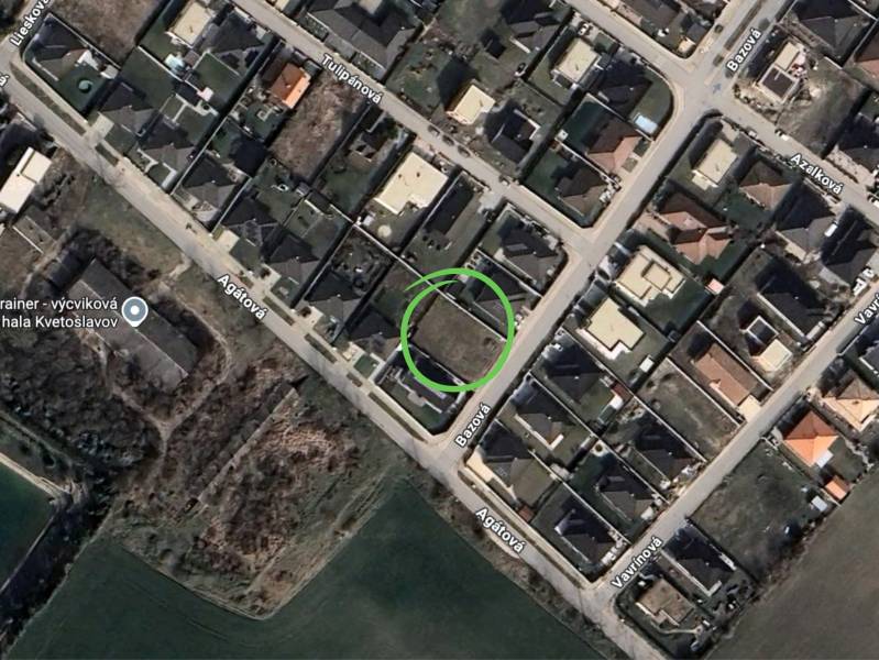 Aerial view of residential plots on Bazova Street in Kvetoslavov.