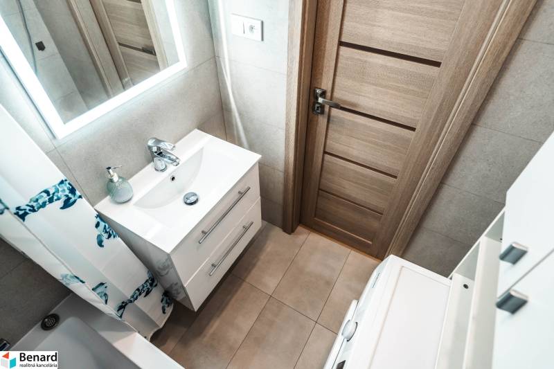 Bathroom in a 2-room apartment with a sink, mirror, and wooden door.
