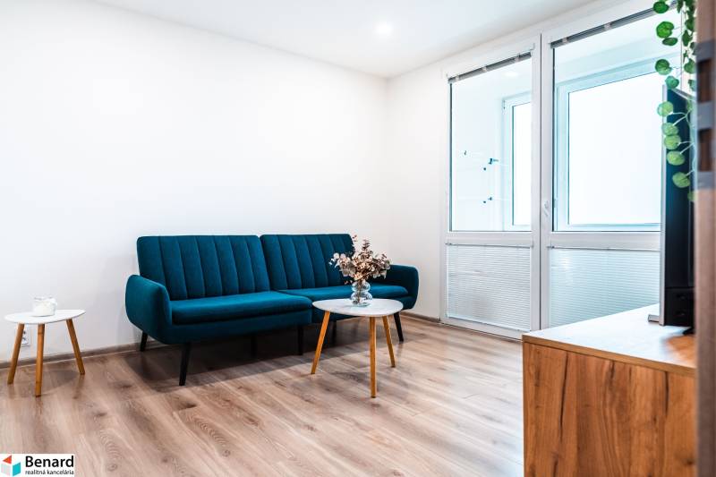 Living room in a two-room apartment with a sofa, wooden decor flooring, and a coffee table.