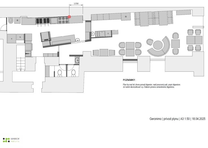 Gastro space plan with kitchen, bar, and restrooms, marked gas line.