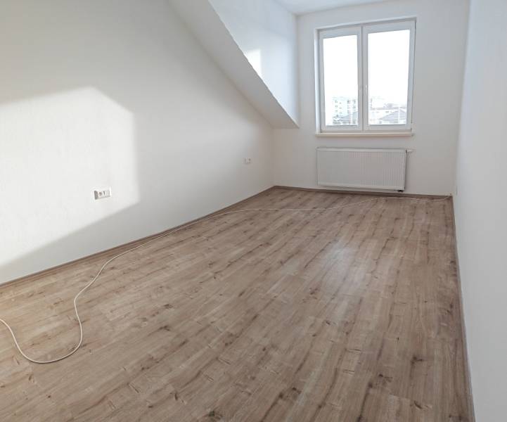3-room apartment with white walls, wood-patterned flooring, large window, and radiator.