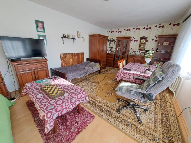 A room in a family house with furniture, a wooden-patterned floor, and decorative rugs.
