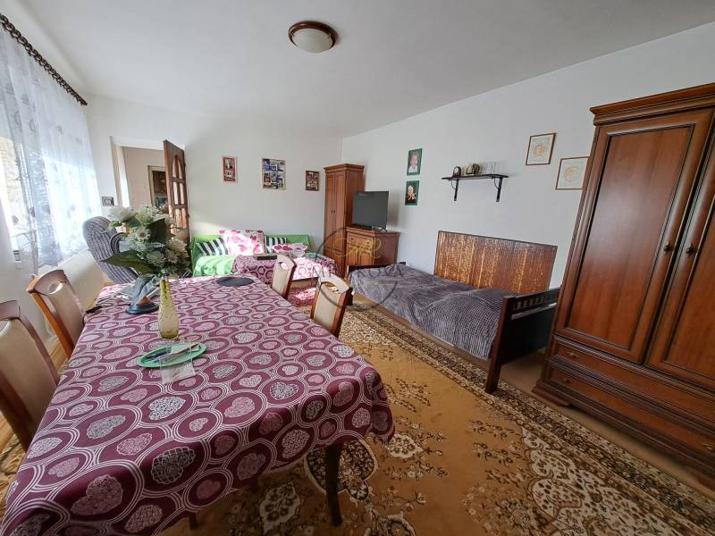Living room in a family house with furniture, dining table, and decorations.