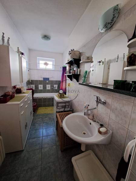 A bathroom in a family house with a shower, sink, and cabinets.