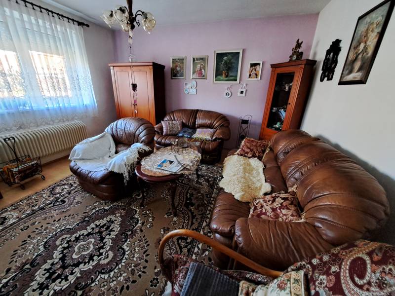 Living room in a family house with a sofa, carpets, decorative furniture, and paintings on the wall.