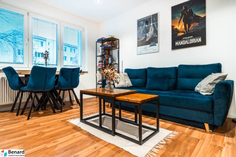 Living room in a 2-room apartment with a blue sofa and a wooden-patterned floor.