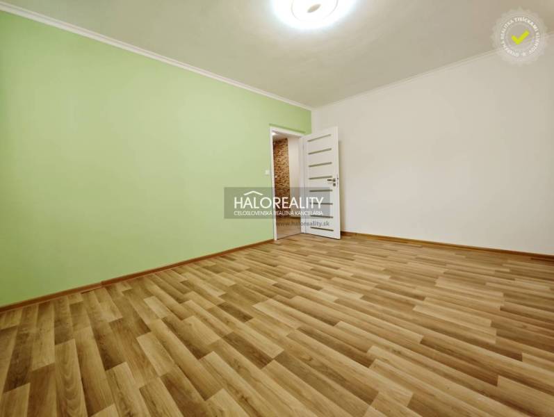 A spacious room in a 2-room apartment with a wood-patterned floor and a light green wall.