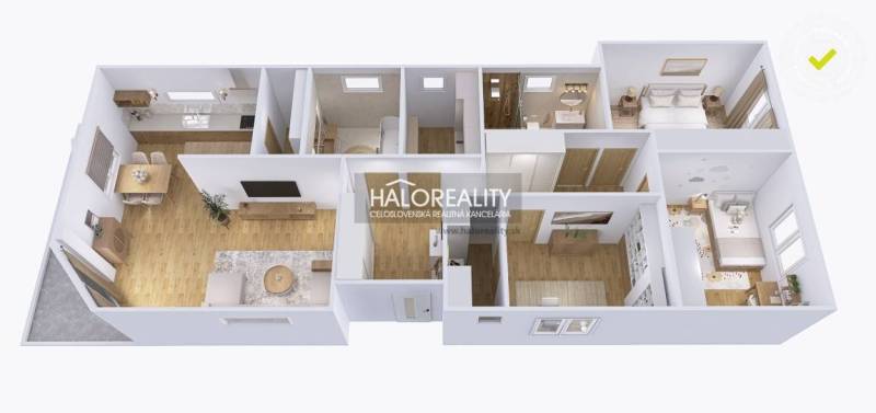 3D floor plan of a family house with spacious rooms and wooden decor floors.