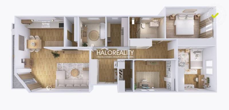 Floor plan of a family house with a wooden decor floor, includes rooms and bathrooms.