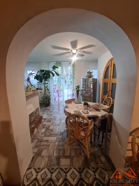 Dining room in a family house with plants and wooden chairs, illuminated by a ceiling fan.