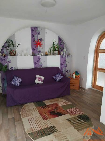 Living room of a family house with an arched window, wood-patterned flooring, and a purple sofa.