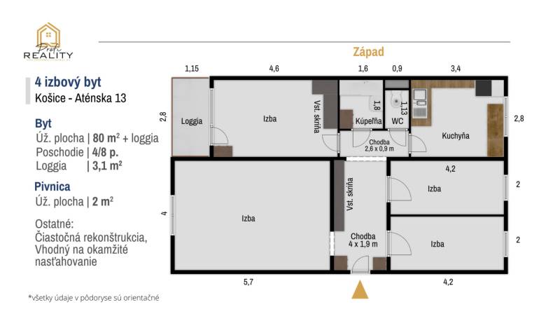 Floor plan of a 4-room apartment on Aténska Street in Košice-Ťahanovce, with a loggia and a cellar.