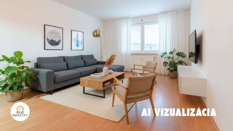 Living room with a gray sofa, armchairs, and a wooden decor floor in a 4-room apartment.