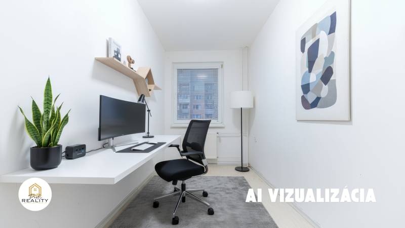 Home office in a 4-room apartment with an office chair, desk, and decoration.