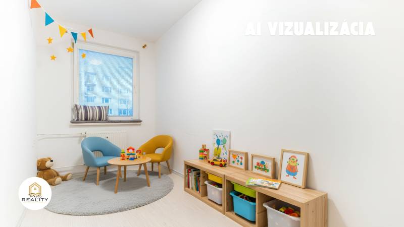 Children's room in a 4-room apartment with toys, wooden decor flooring, and colorful chairs.
