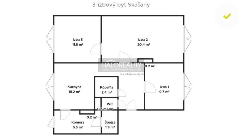 Floor plan of a 3-room apartment in Skačany with a kitchen and pantry.