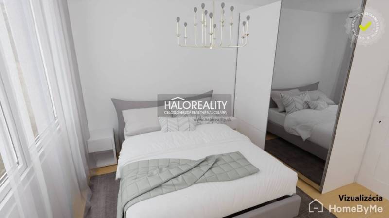 A bedroom in a 3-room apartment with an elegant bed, white furniture, and a light fixture.