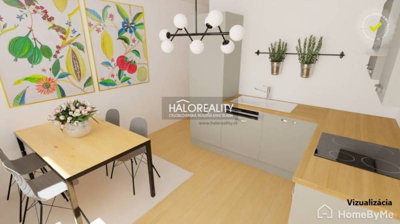 Dining table with flowers and a modern kitchen unit in a 3-room apartment.