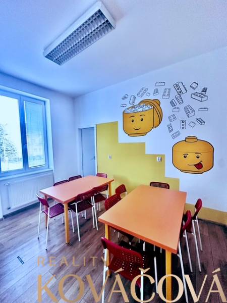 Offices with decorative figurines on a colorful wall and a floor with a wooden decor.
