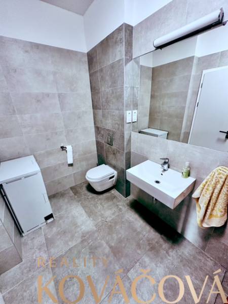 Bathroom with toilet, sink, and washing machine in offices.