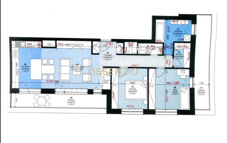 Floor plan of a 3-room apartment with a kitchenette, living room, and terrace.