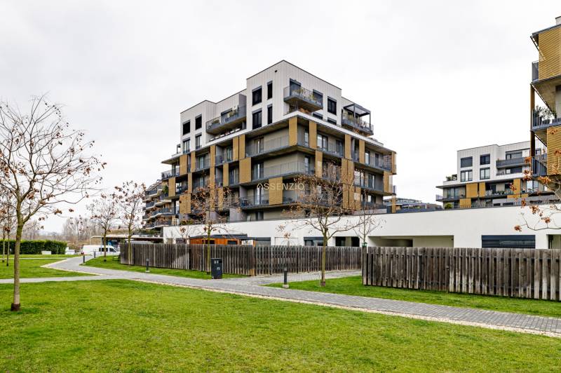 Apartment complex on Fialová Street in Bratislava - Petržalka with surroundings and greenery.