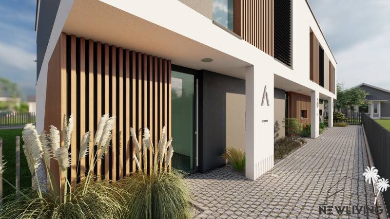 Family house on Drieňová Street in Nitra, entrance with wood decor and tiles.