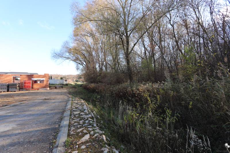 A family house construction in Nitra on Drieňová Street, surrounded by nature and trees.
