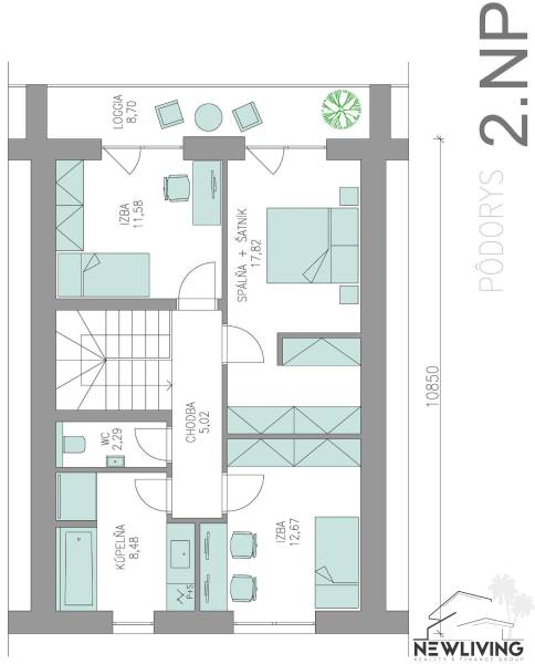 Floor plan of the second floor of a family house with a loggia and two rooms.