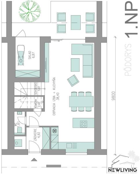 Ground floor plan of a family house with a storage room, kitchen, and living room.