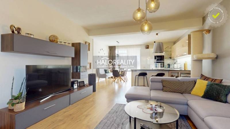 Living room with wood-patterned flooring, a comfortable sofa, and a spacious kitchen in a family house.