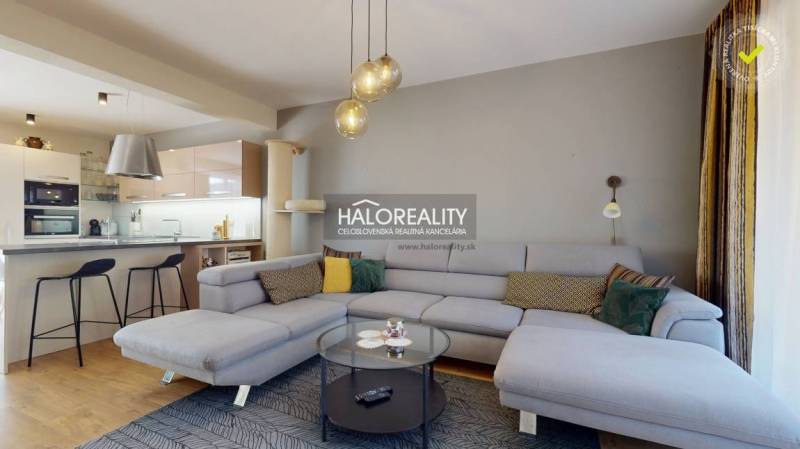 A spacious living room in a family house with a sofa, a kitchenette, and a wooden decor floor.