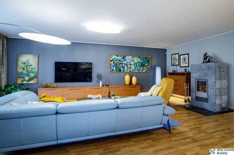 Living room in a family house with a fireplace, sofa, and wooden decor flooring.