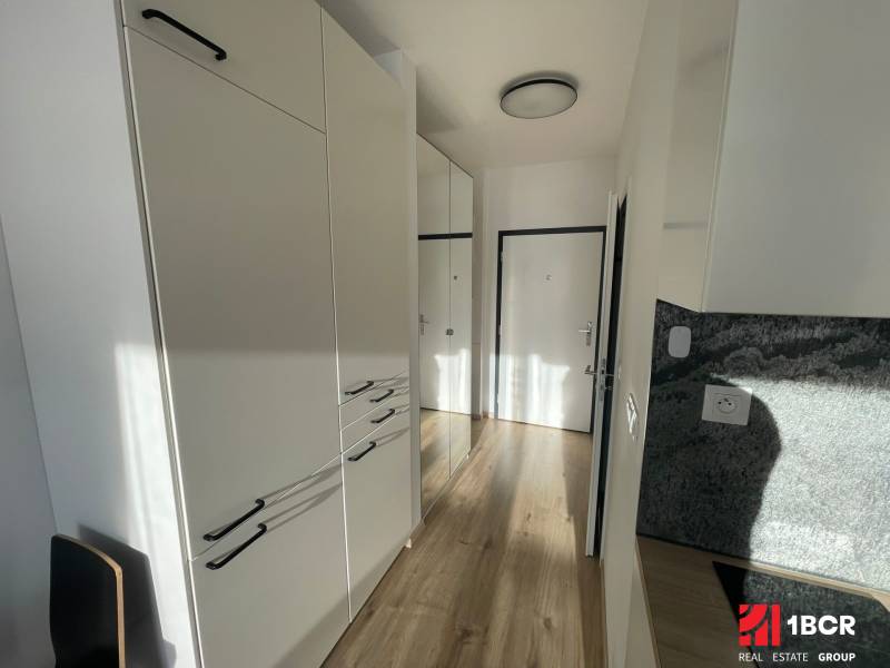 A hallway in a one-room apartment with white cabinets and a wooden decor floor.