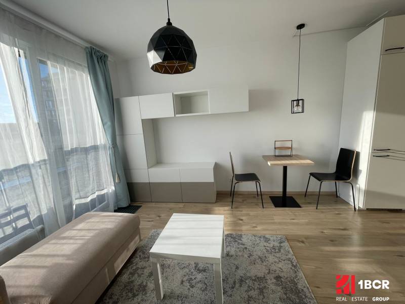 Living room of a one-bedroom apartment with a wooden decor floor and minimalist furniture.