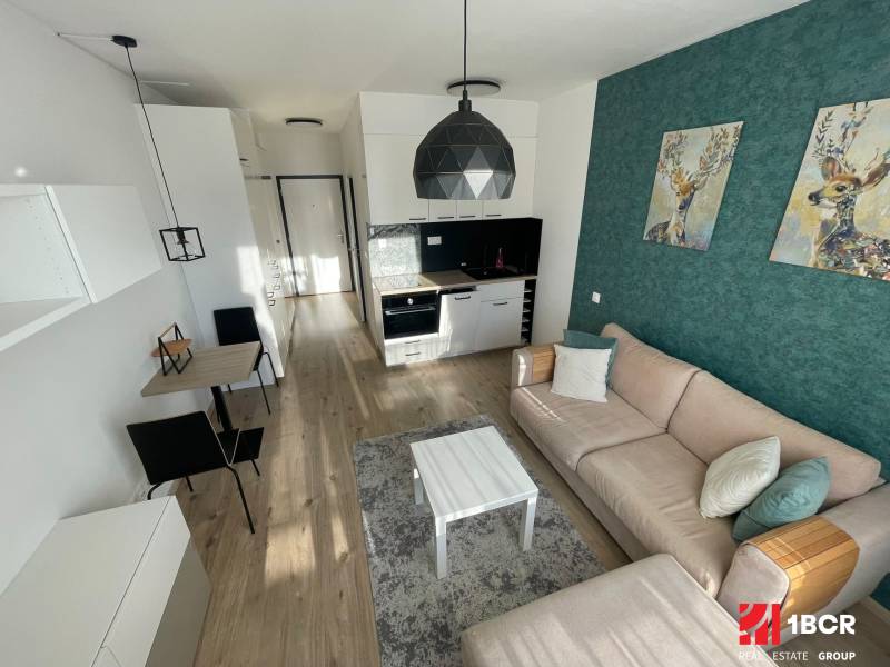 Interior of a one-room apartment with a kitchen, a comfortable sofa, and a floor with a wooden decor.